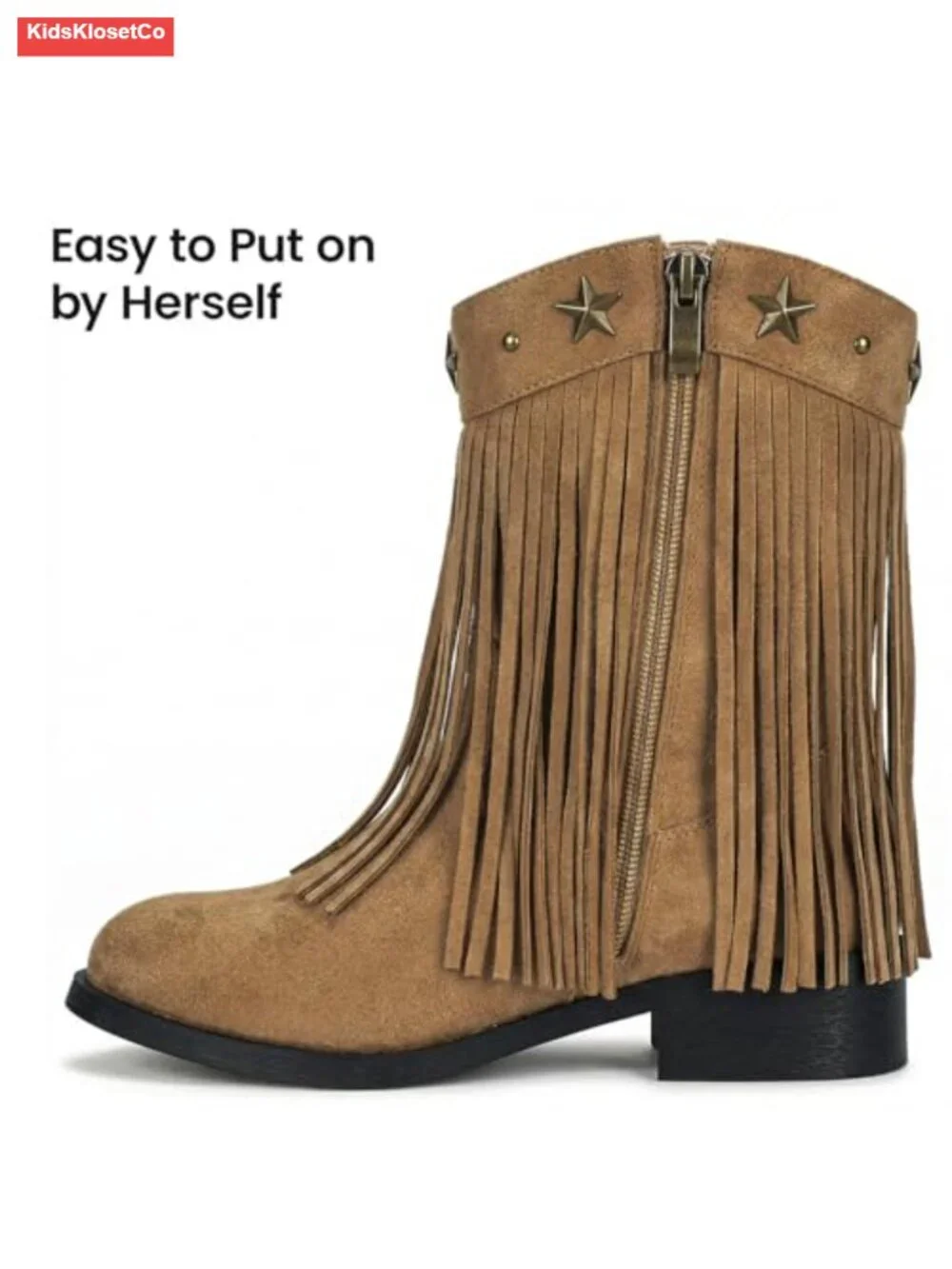 Girls Cowgirl Boots with Fringe - Faux Suede Side Zipper Non-Slip Round Toe